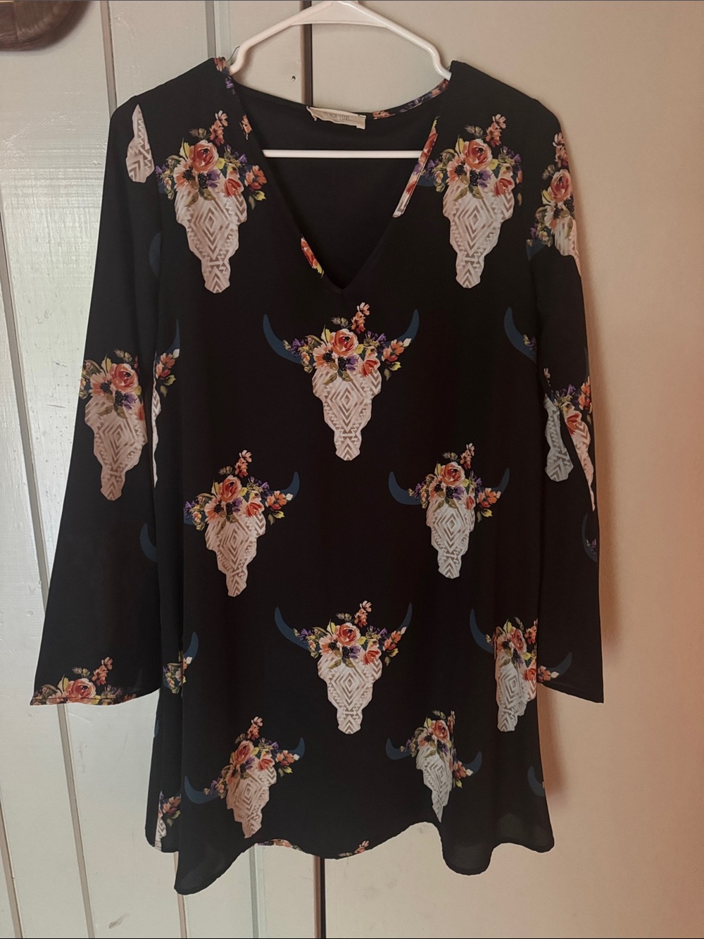 Peach Love California Black Floral Bull Skull V-Neck dress